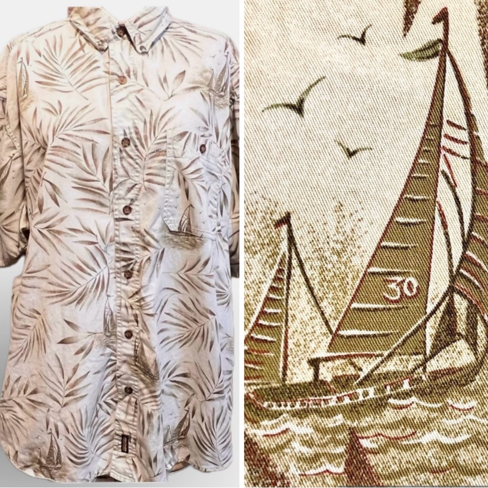 VINTAGE sailboat tropical sea nautical button down shirt Woolrich cotton‎ 90s